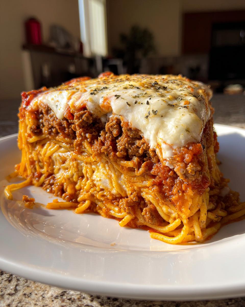 A tall, thick slice of spaghetti pie layered with meat sauce and topped with melted mozzarella cheese and herbs.