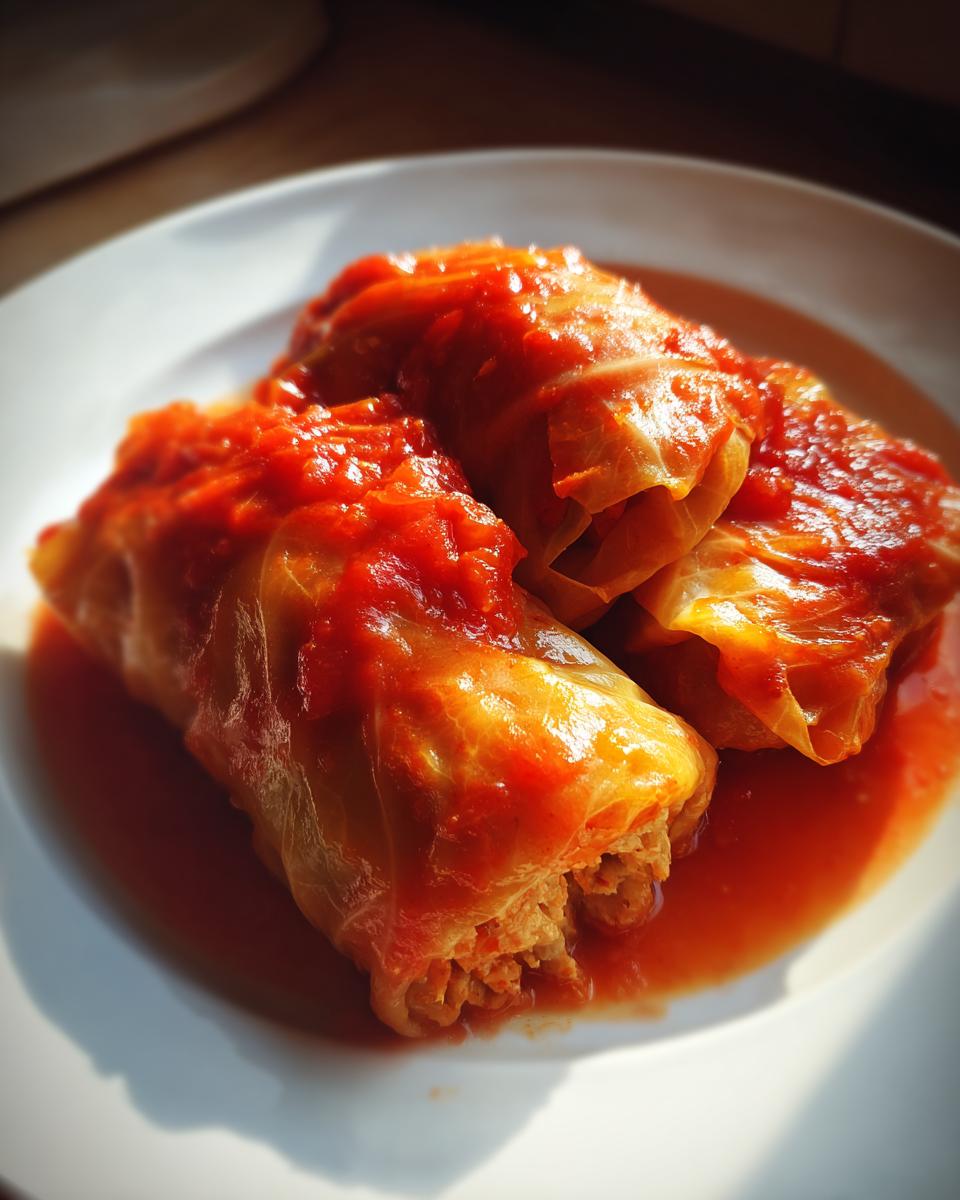 Close-up of three plump Stuffed Cabbage Rolls covered in rich tomato sauce on a white plate.