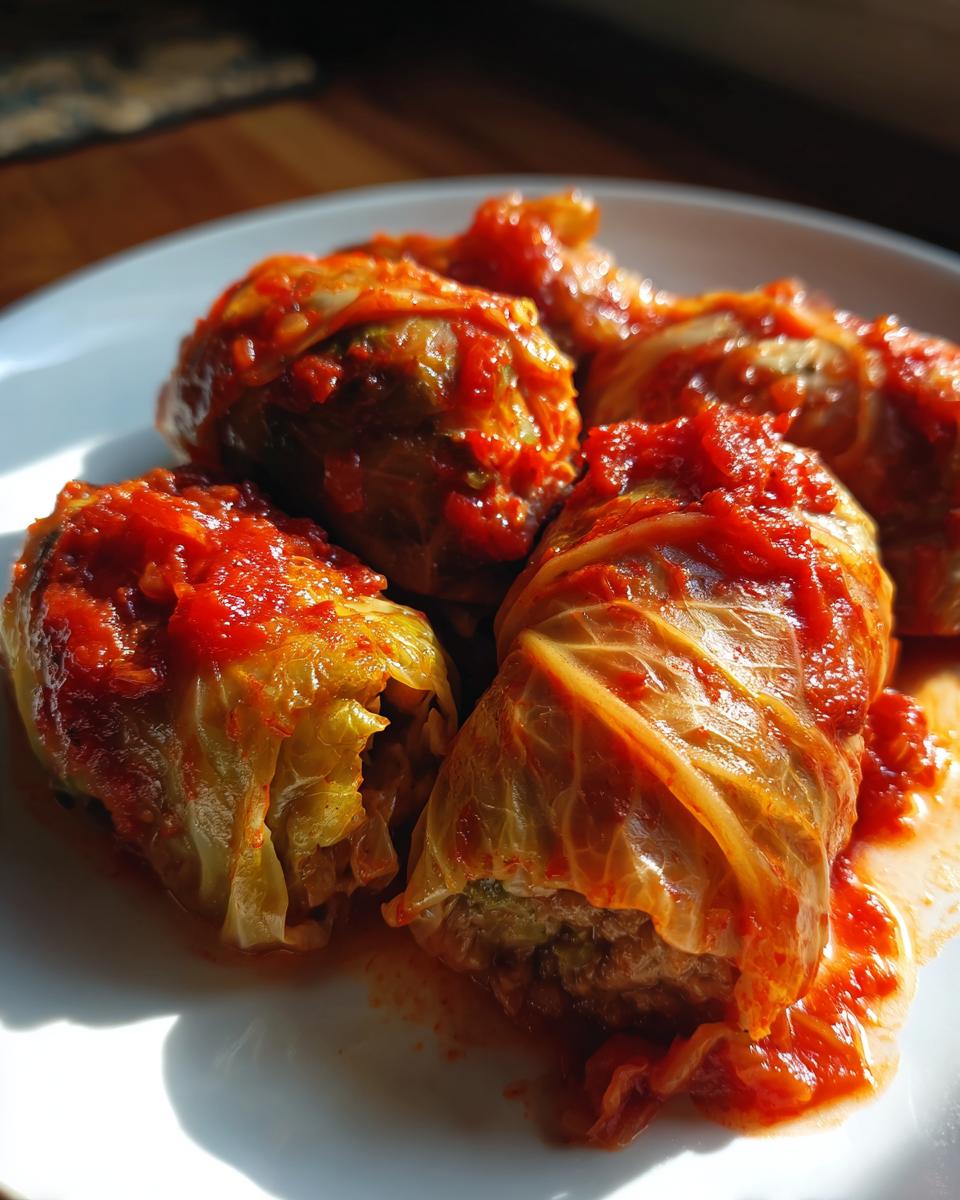 Close-up of four tender Stuffed Cabbage Rolls covered in a rich, bright red tomato sauce on a white plate.