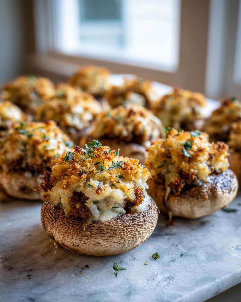 Close-up of freshly baked stuffed mushrooms recipe with golden breadcrumb topping on a marble surface.