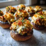 Close-up of perfectly baked stuffed mushrooms recipe with a golden, crispy breadcrumb topping and fresh parsley garnish.