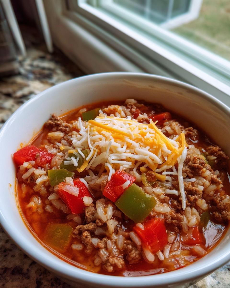 Close-up of a white bowl filled with amazing stuffed pepper soup, featuring ground beef, rice, red and green peppers, topped with shredded cheese.