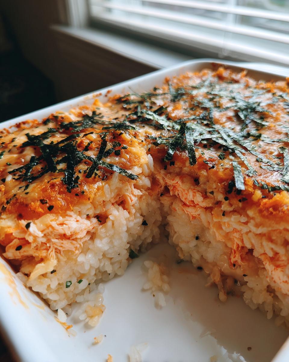 A close-up view of a serving dish containing creamy, baked sushi bake with a golden topping and shredded nori.
