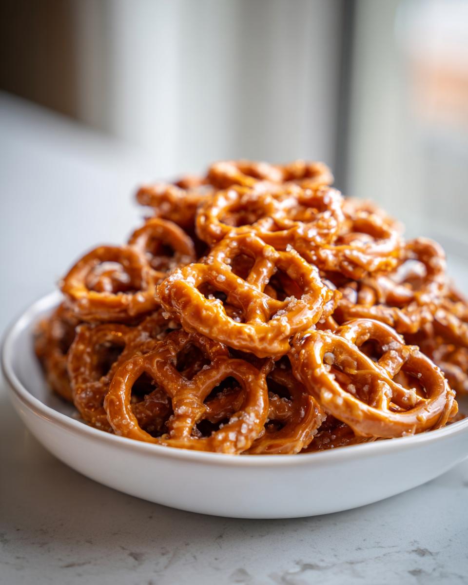 A white bowl overflowing with shiny, homemade toffee pretzels sprinkled with coarse sea salt.