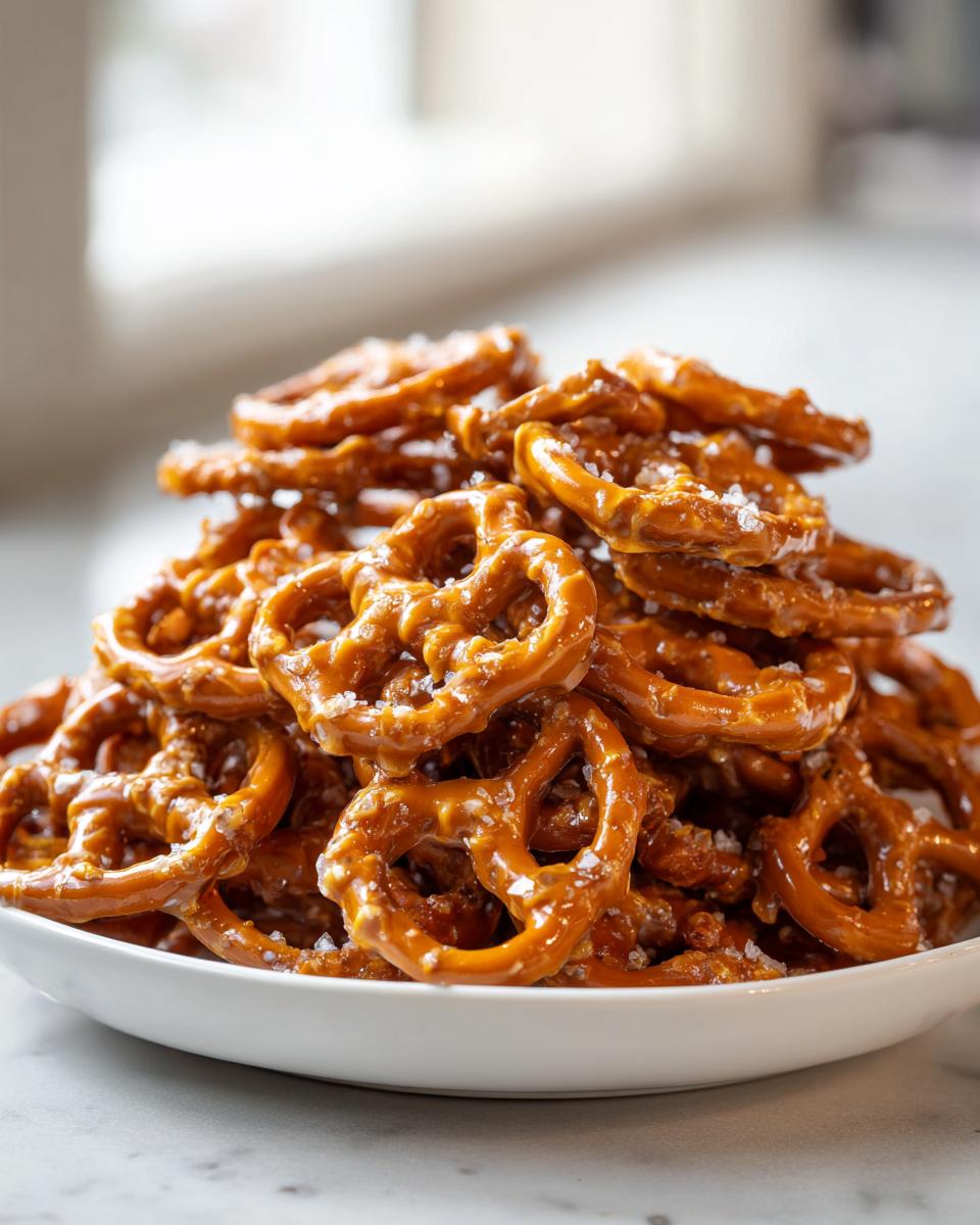 A large pile of homemade toffee pretzels coated in glossy caramel and sprinkled with coarse sea salt.