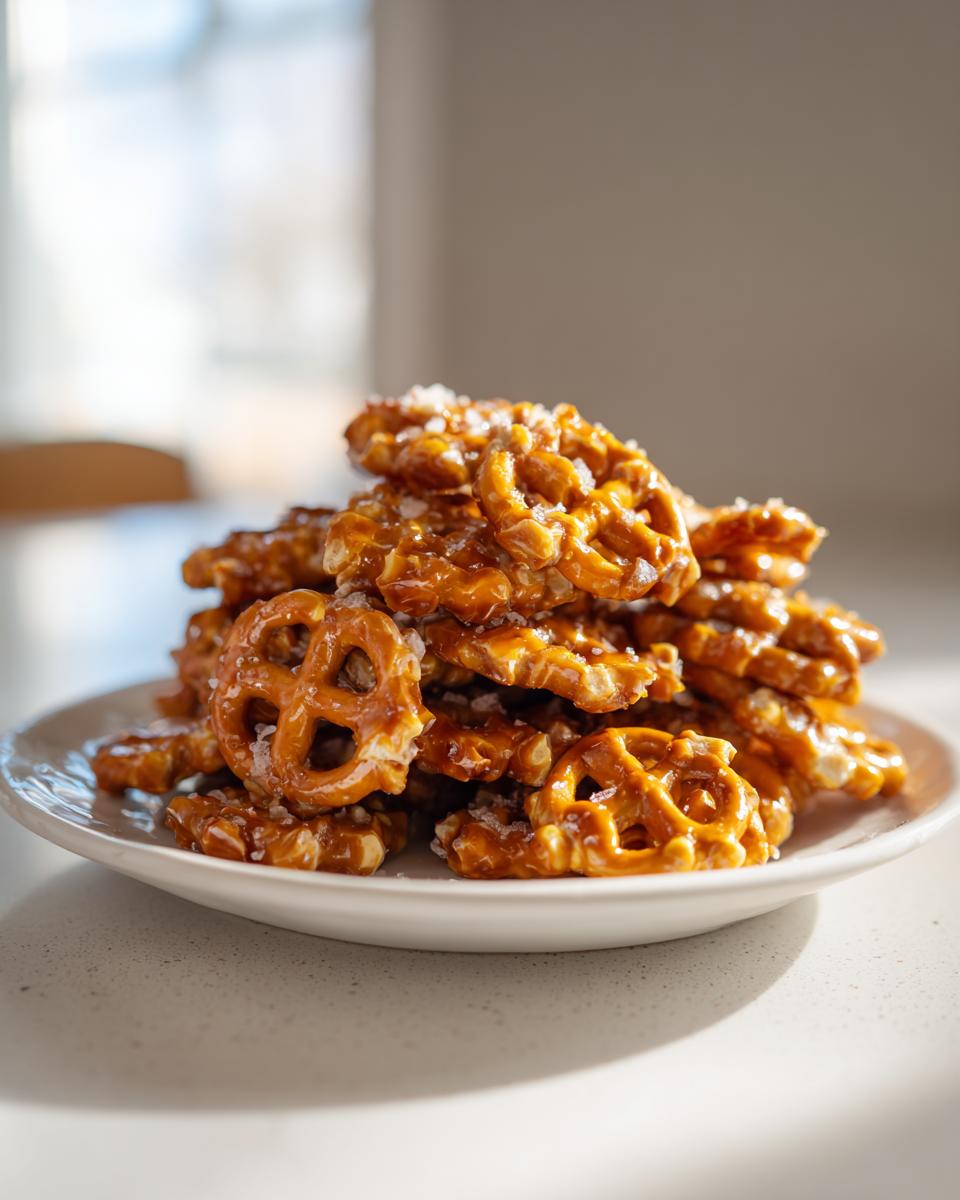 A close-up stack of homemade toffee pretzels coated in glossy caramel and sprinkled with sea salt.