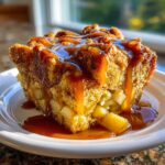 A close-up of a moist slice of apple bread pudding topped generously with rich caramel sauce.