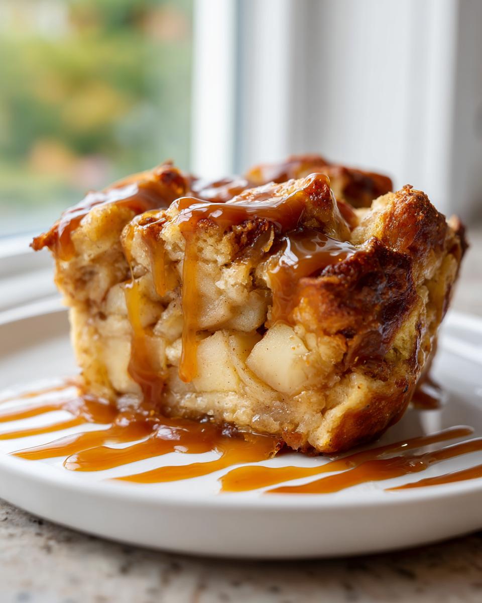 A close-up of a single serving of warm apple bread pudding drizzled generously with caramel sauce.