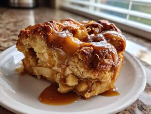 A close-up of a rich slice of apple bread pudding generously topped with glossy caramel sauce.