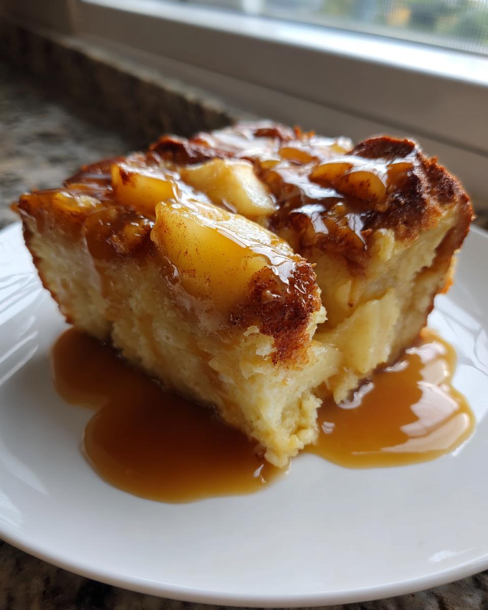 A decadent slice of apple bread pudding topped with caramelized apples and rich caramel sauce on a white plate.