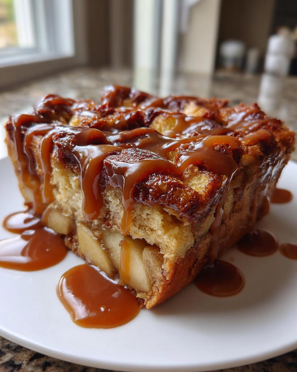 A rich, square slice of apple bread pudding topped generously with dripping caramel sauce, served on a white plate.
