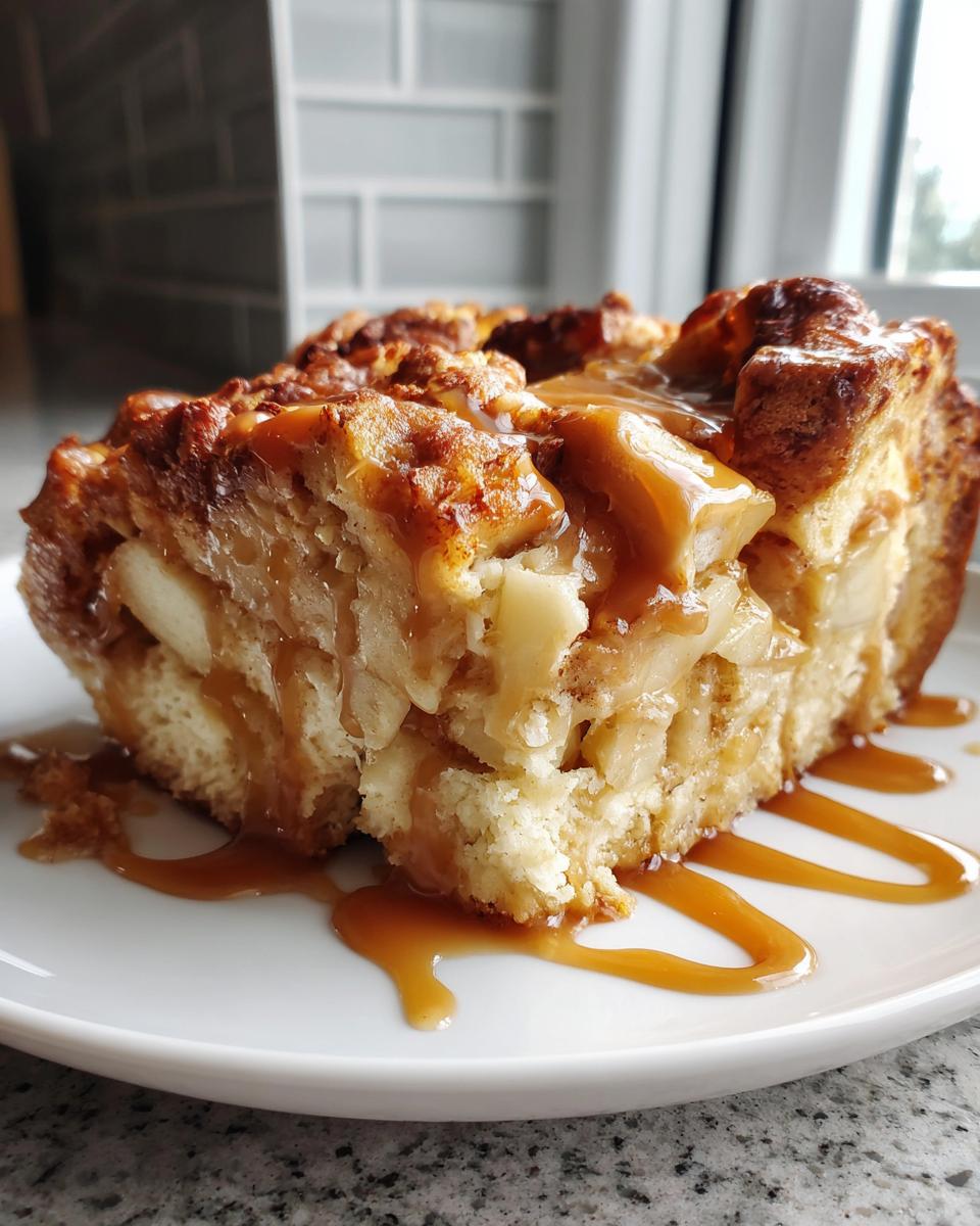 A close-up of a moist slice of apple bread pudding generously topped with rich caramel sauce.