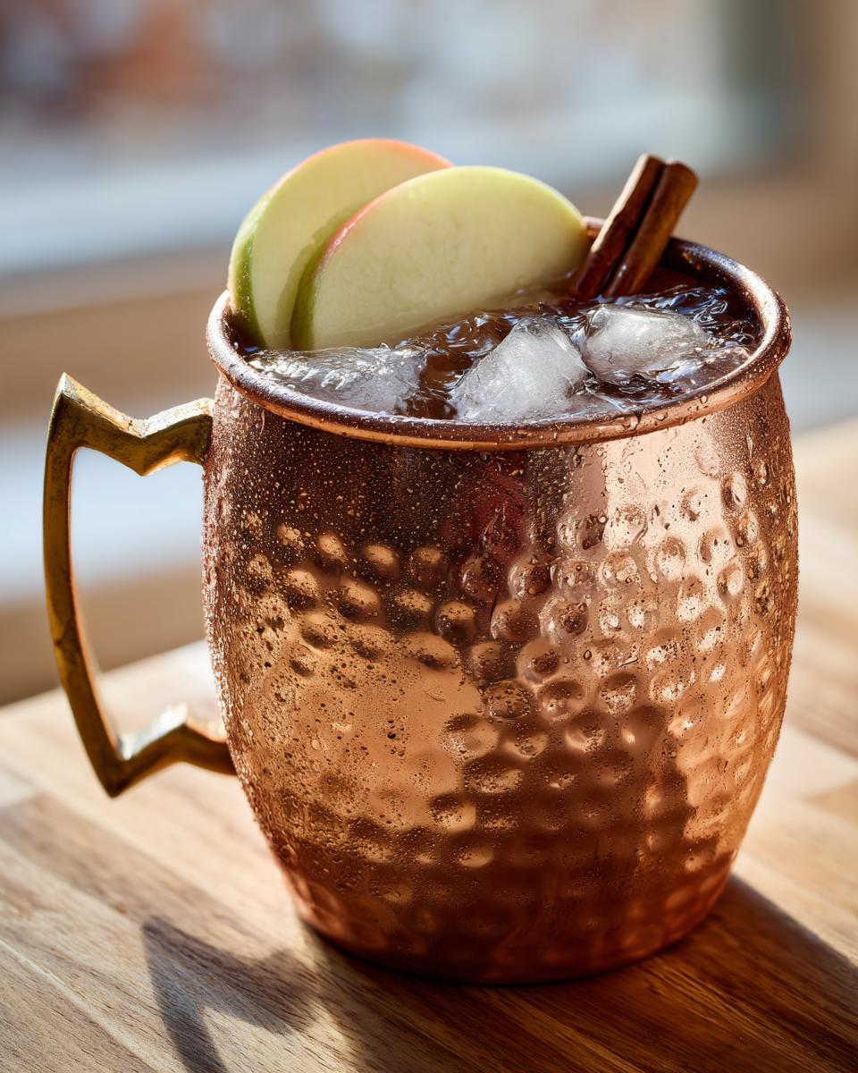A frosty copper mug filled with an apple cider moscow mule, garnished with apple slices and a cinnamon stick.
