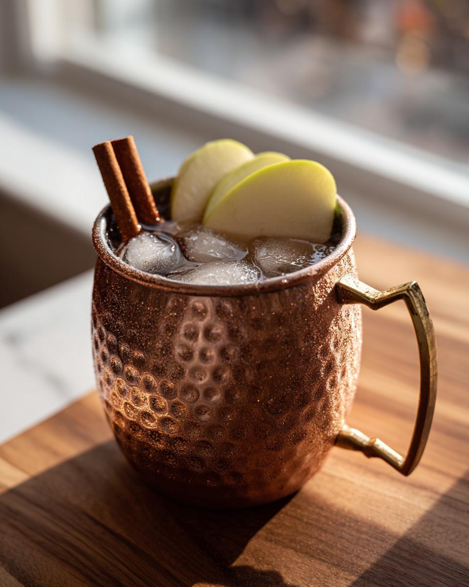 A refreshing apple cider moscow mule served over ice in a hammered copper mug, garnished with green apple slices and cinnamon sticks.