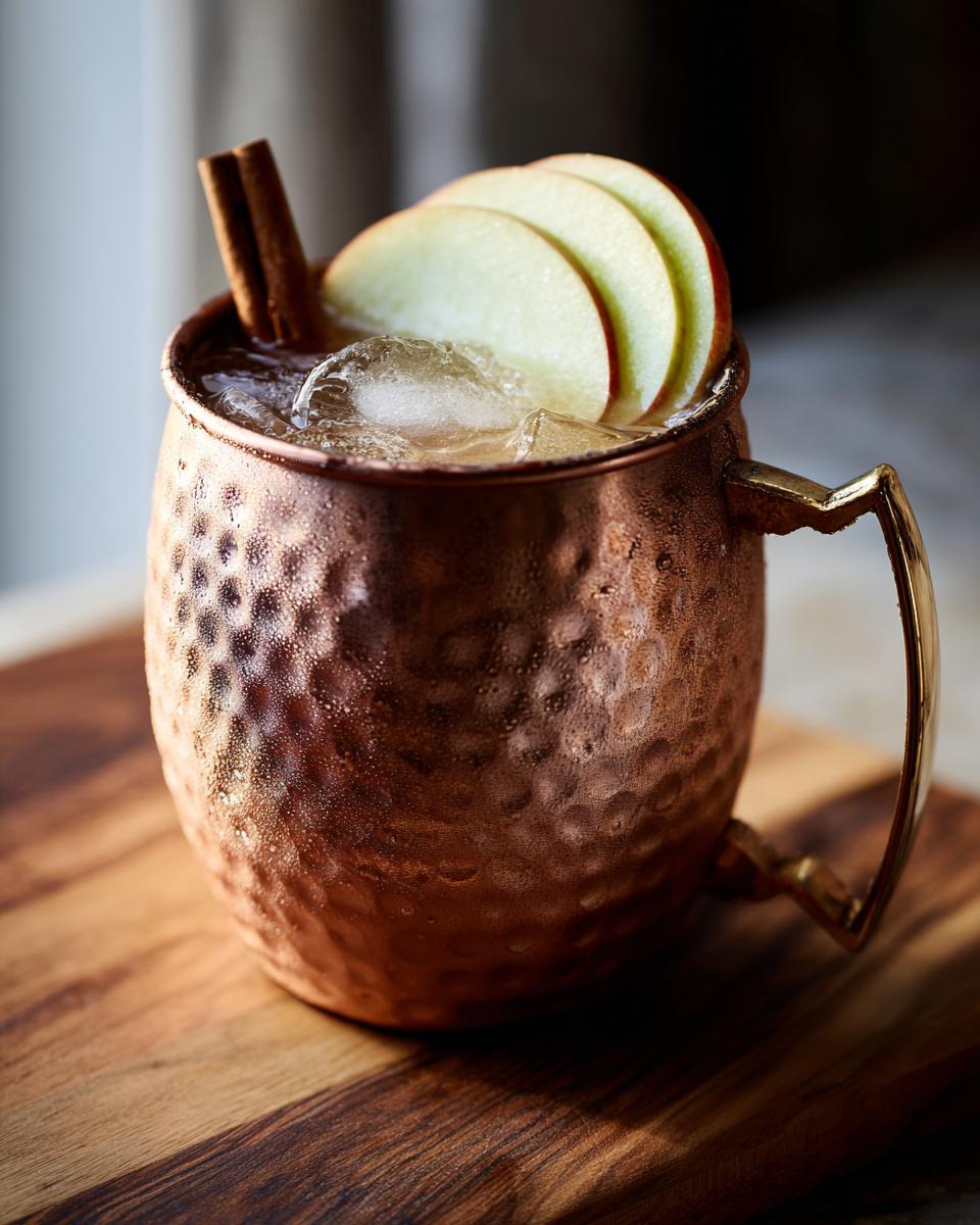 A refreshing apple cider moscow mule served in a hammered copper mug with ice, apple slices, and a cinnamon stick garnish.