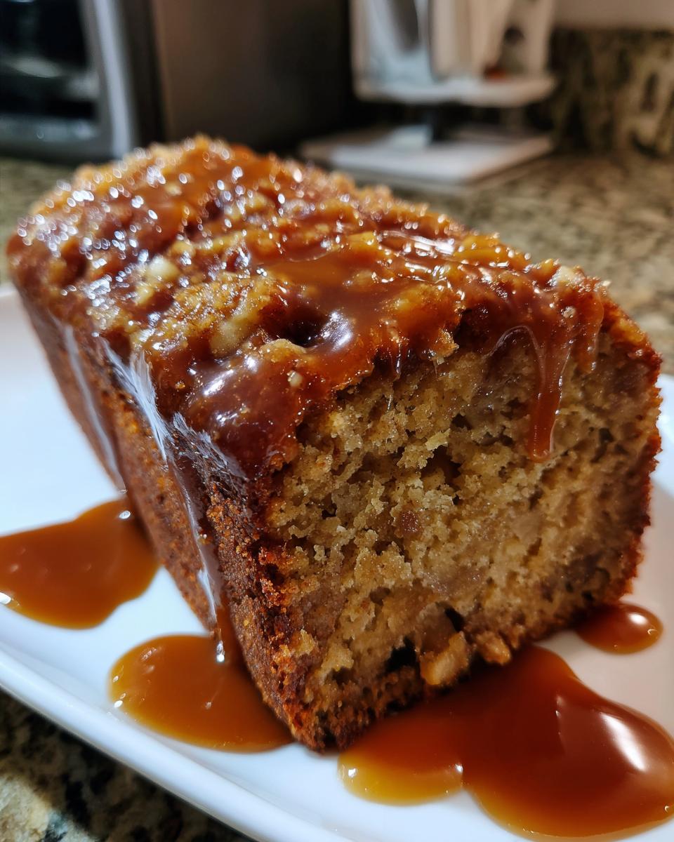Close-up of a slice of moist apple dapple cake drizzled heavily with glossy caramel sauce.