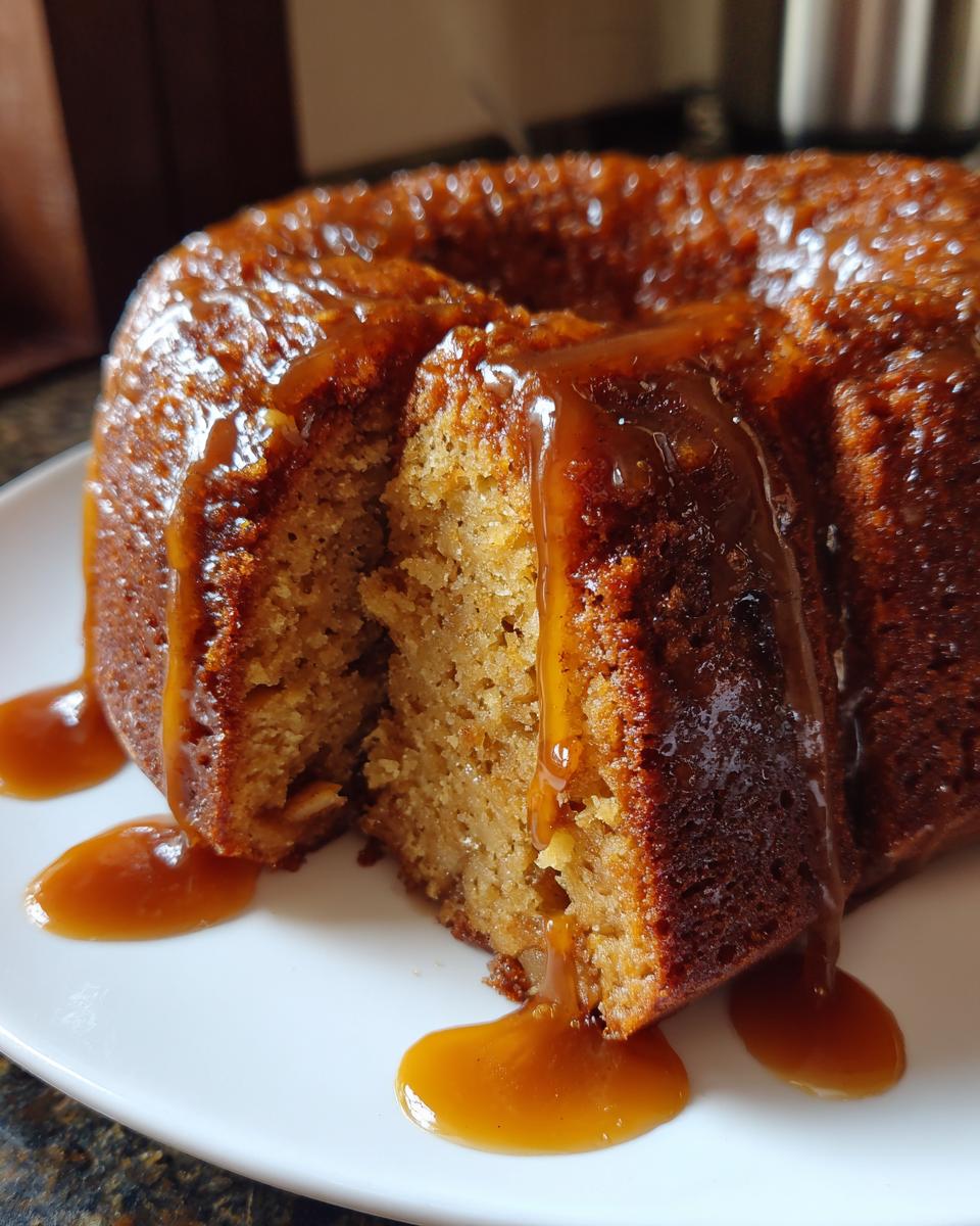 A slice cut from a bundt-style apple dapple cake, generously covered in dripping caramel sauce.