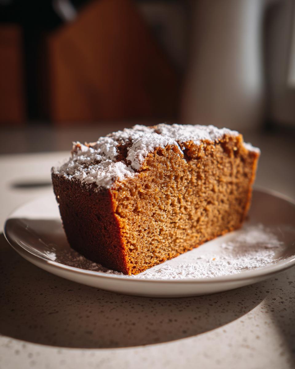 A thick slice of moist applesauce cake dusted heavily with powdered sugar, sitting on a white plate.