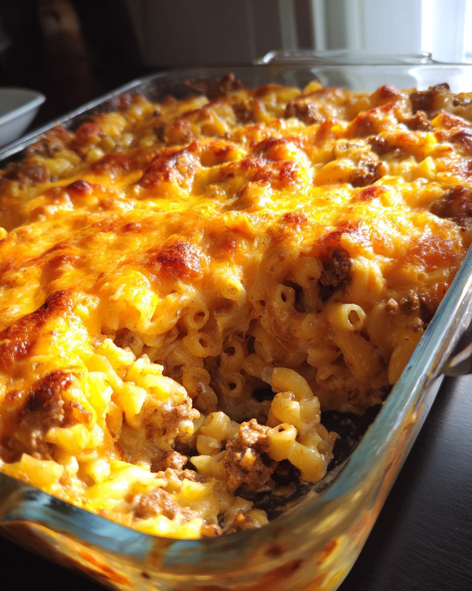 A scoop has been taken out of a baked cheeseburger casserole, showing elbow macaroni, ground beef, and a bubbly, browned cheddar cheese topping.