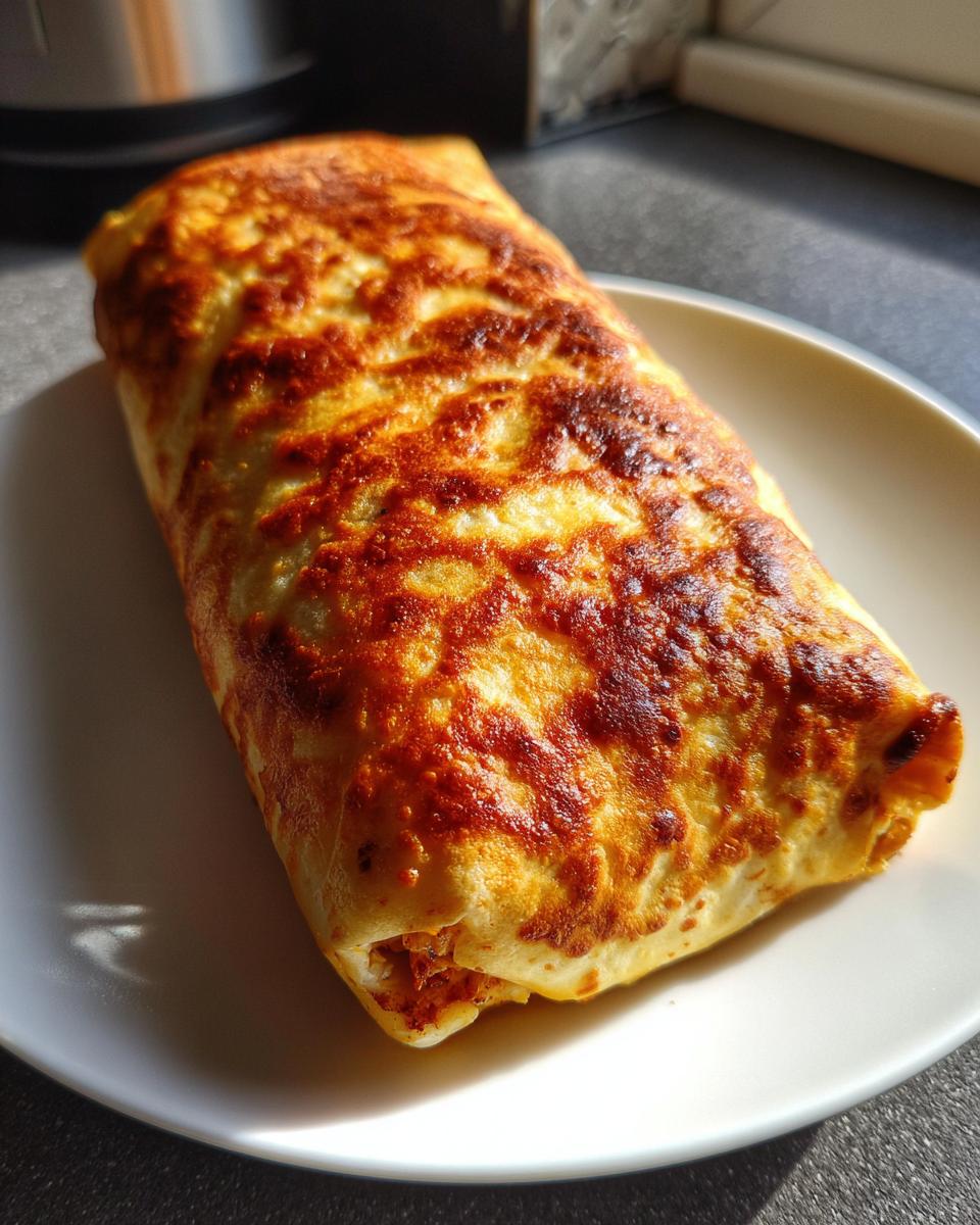A close-up of a single, golden-brown Baked Chicken Chimichanga resting on a white plate.