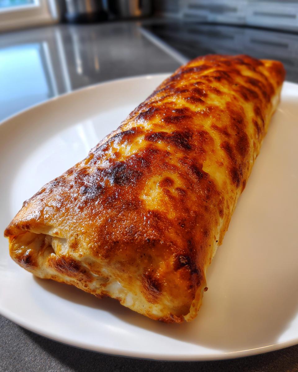 A single, perfectly baked chicken chimichanga with a bubbly, golden-brown cheese topping, resting on a white plate.