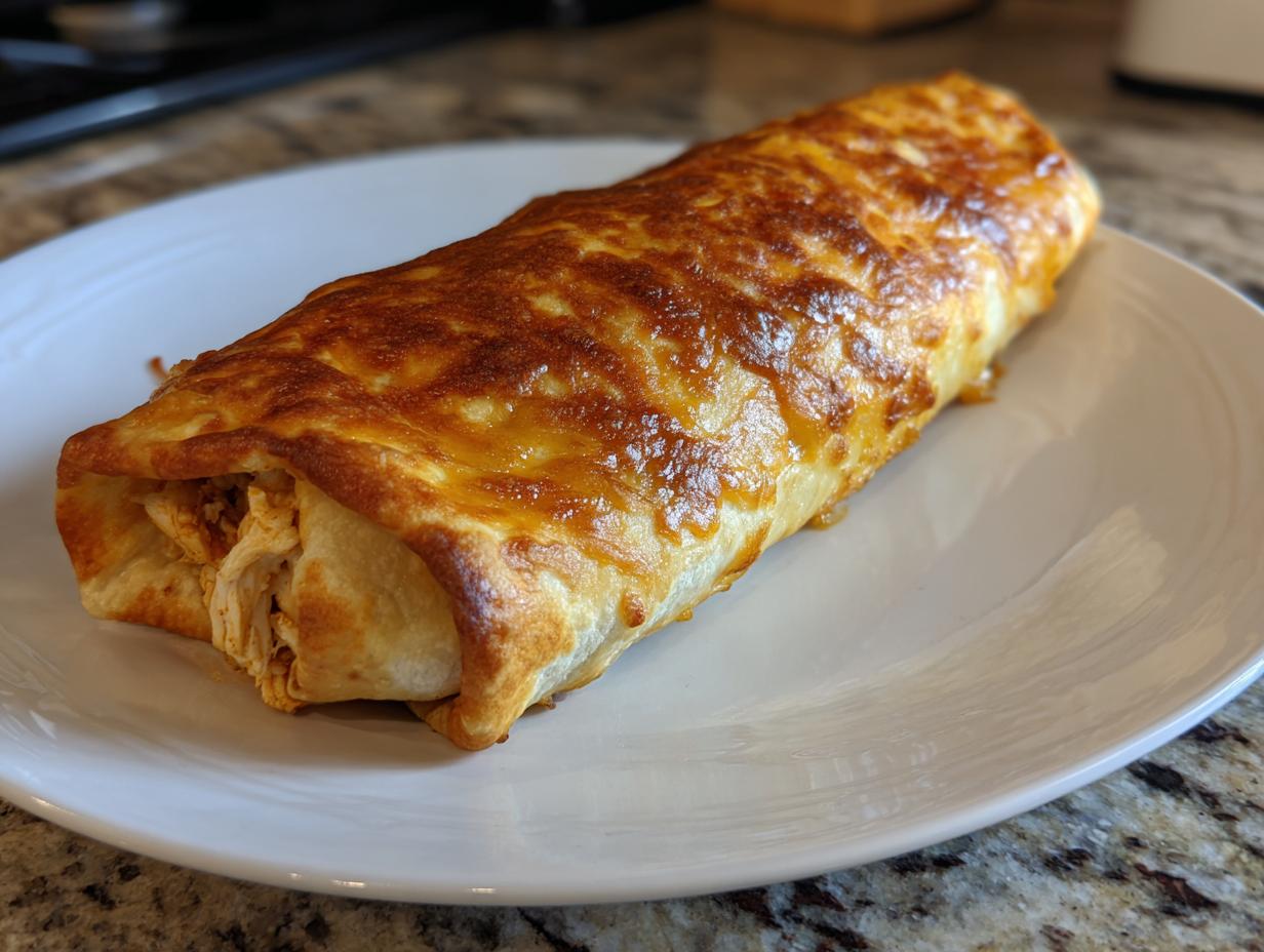 A single, golden-brown, baked chicken chimichanga with a crispy, cheesy top resting on a white plate.