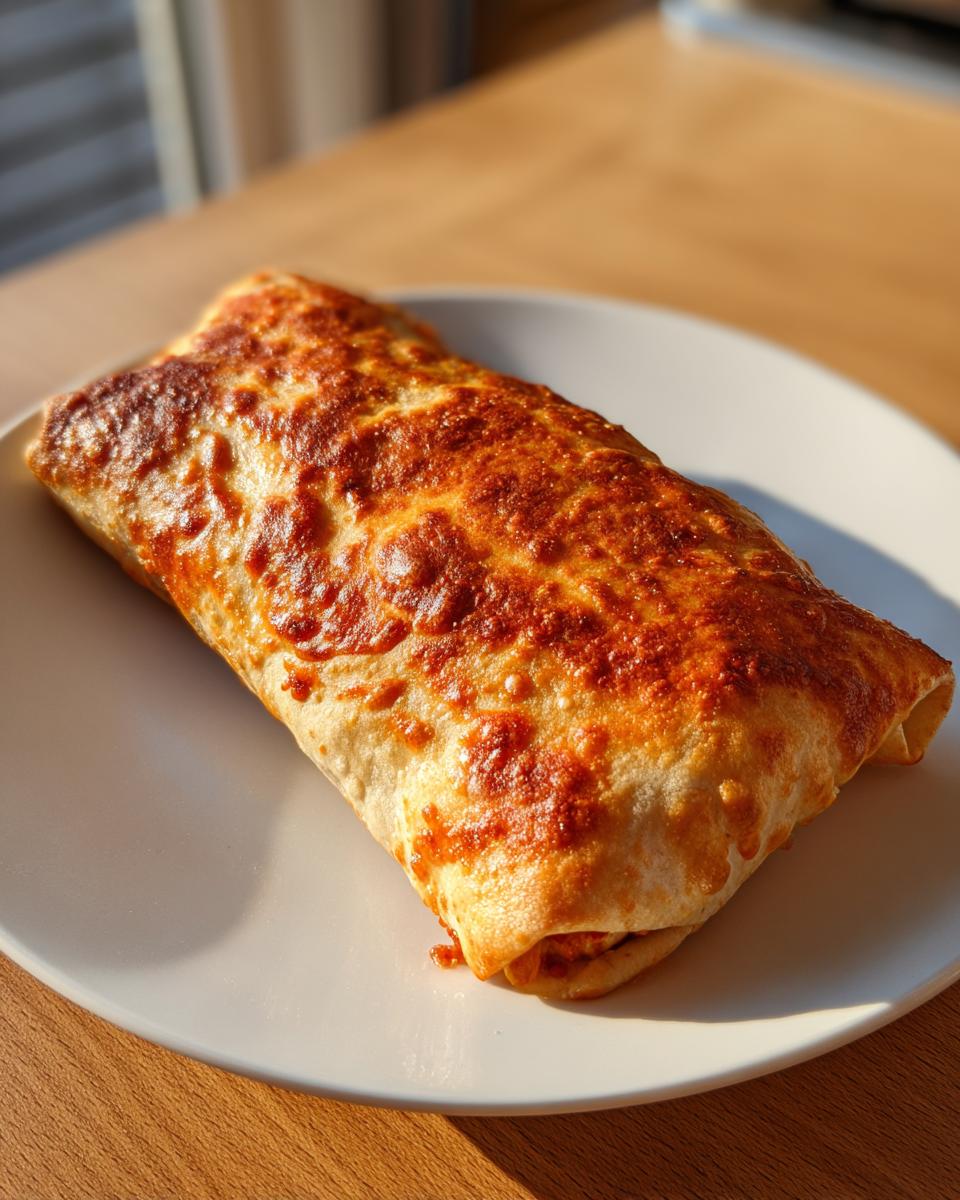 A single, golden-brown, baked chicken chimichanga with melted, crispy cheese topping served on a white plate.