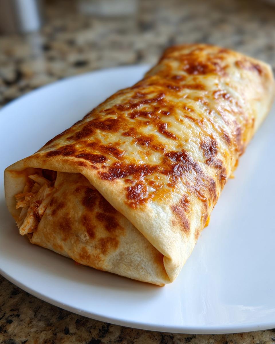 A close-up of a single Baked Chicken Chimichanga topped with perfectly melted and browned cheese, served on a white plate.
