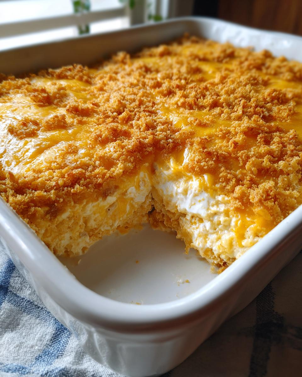 A portion removed from a baked hot chicken salad casserole showing a creamy interior and golden, cheesy crumb topping.