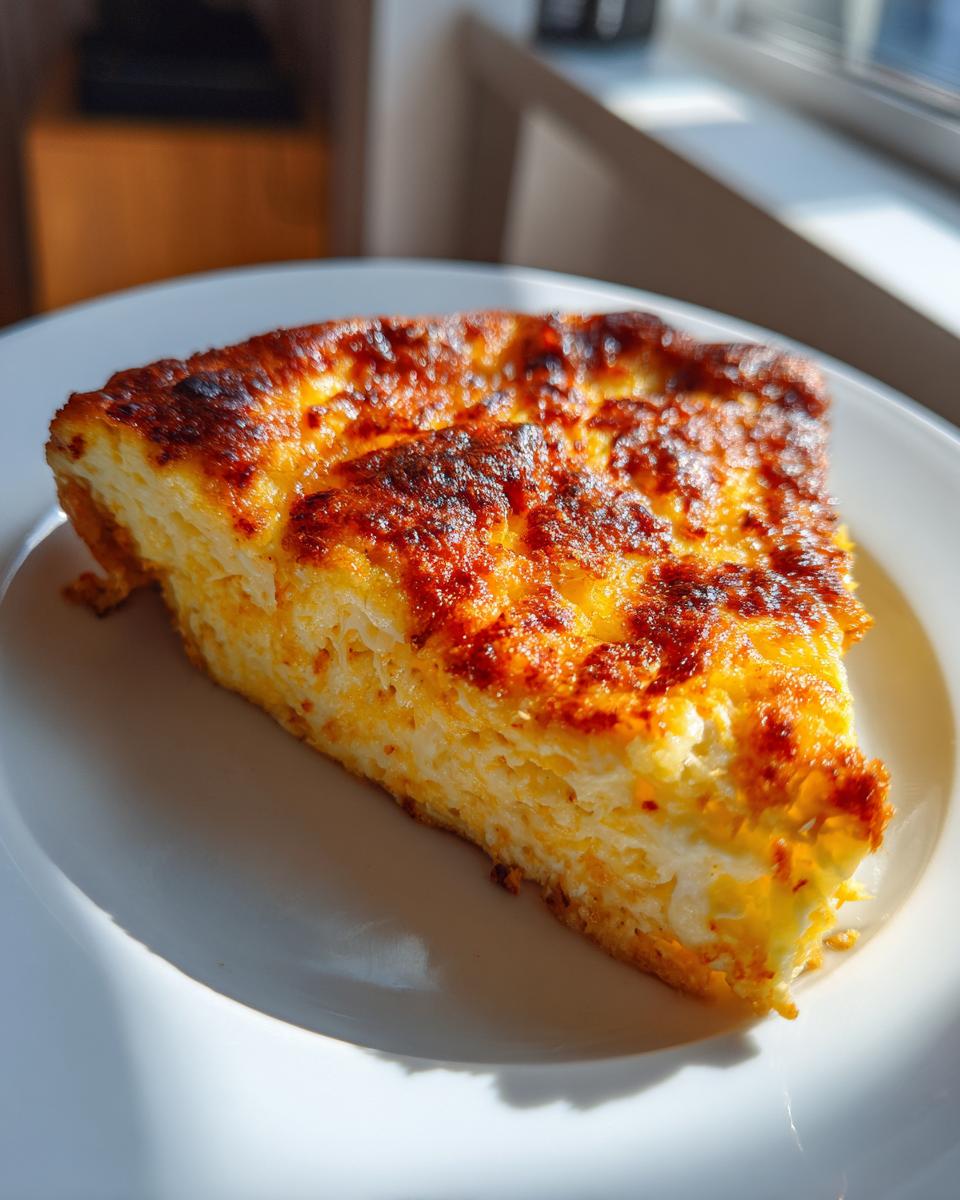 A slice of a baked dish, possibly a casserole or frittata, with a deeply browned, cheesy top, reminiscent of parmesan crusted chicken topping.
