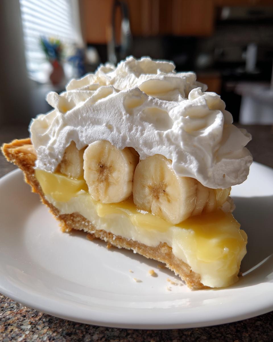 A perfect slice of banana cream pie recipe showing graham cracker crust, creamy filling, sliced bananas, and a huge dollop of whipped cream.