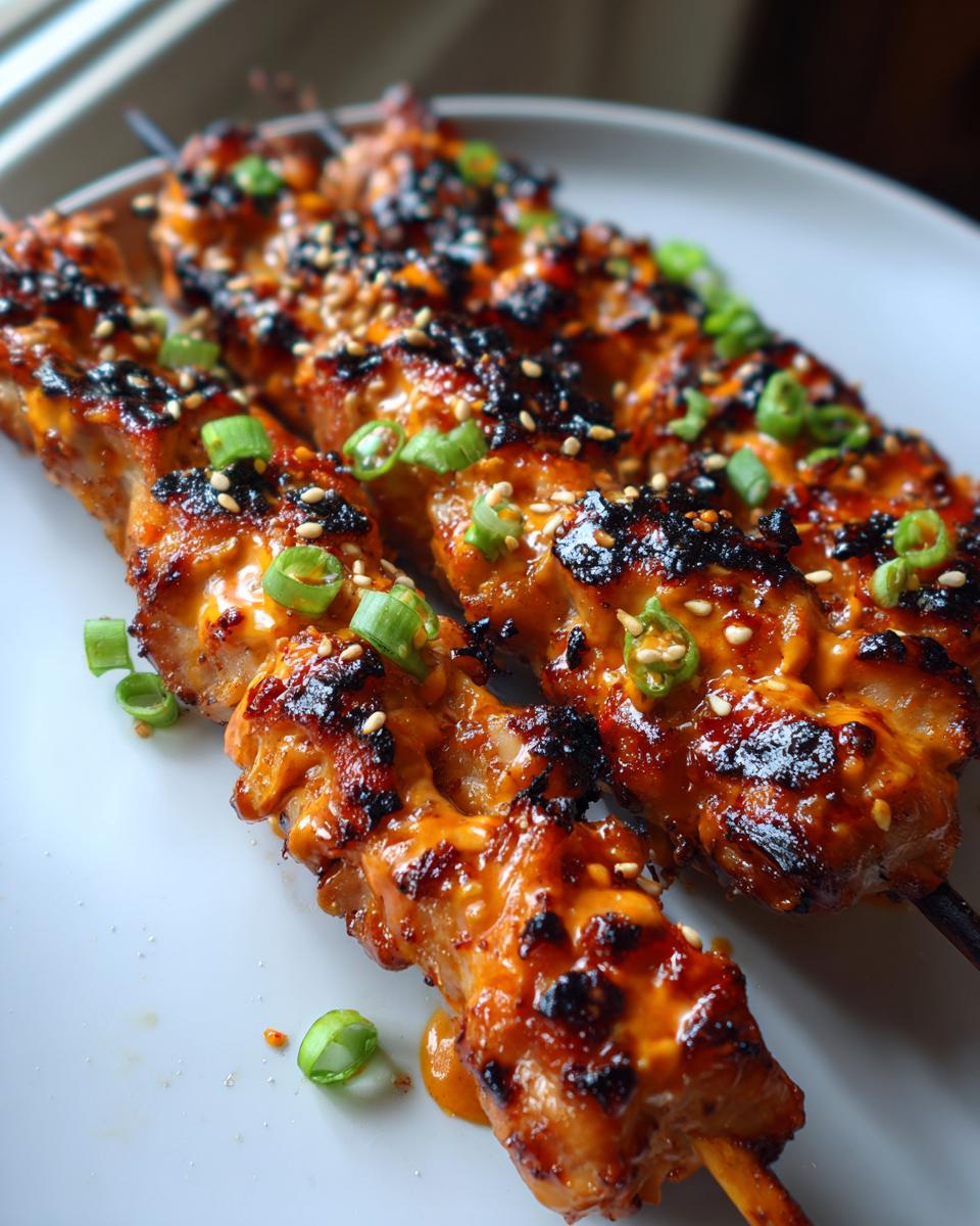 Three grilled Bang Bang Chicken Skewers coated in a spicy orange sauce, garnished with sesame seeds and chopped green onions.