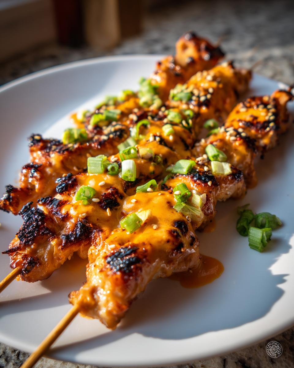 Close-up of grilled Bang Bang Chicken Skewers drizzled with orange sauce, topped with green onions and sesame seeds.
