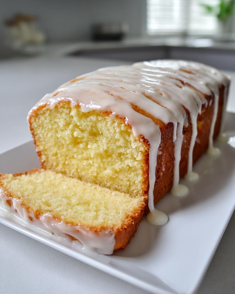 A moist slice of lemon pound cake sits next to the loaf, both covered in a thick white lemon glaze.