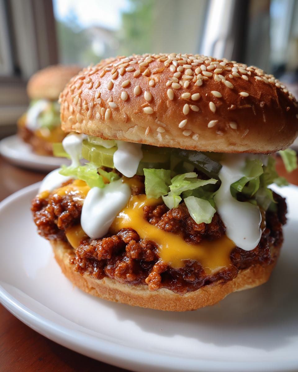 A close-up of a Big Mac Sloppy Joes sandwich featuring saucy meat, melted cheese, lettuce, pickles, and white sauce on a sesame seed bun.
