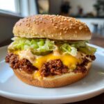 A close-up of a sesame seed bun filled with ground meat sauce, melted cheese, pickles, lettuce, and special sauce for big mac sloppy joes.