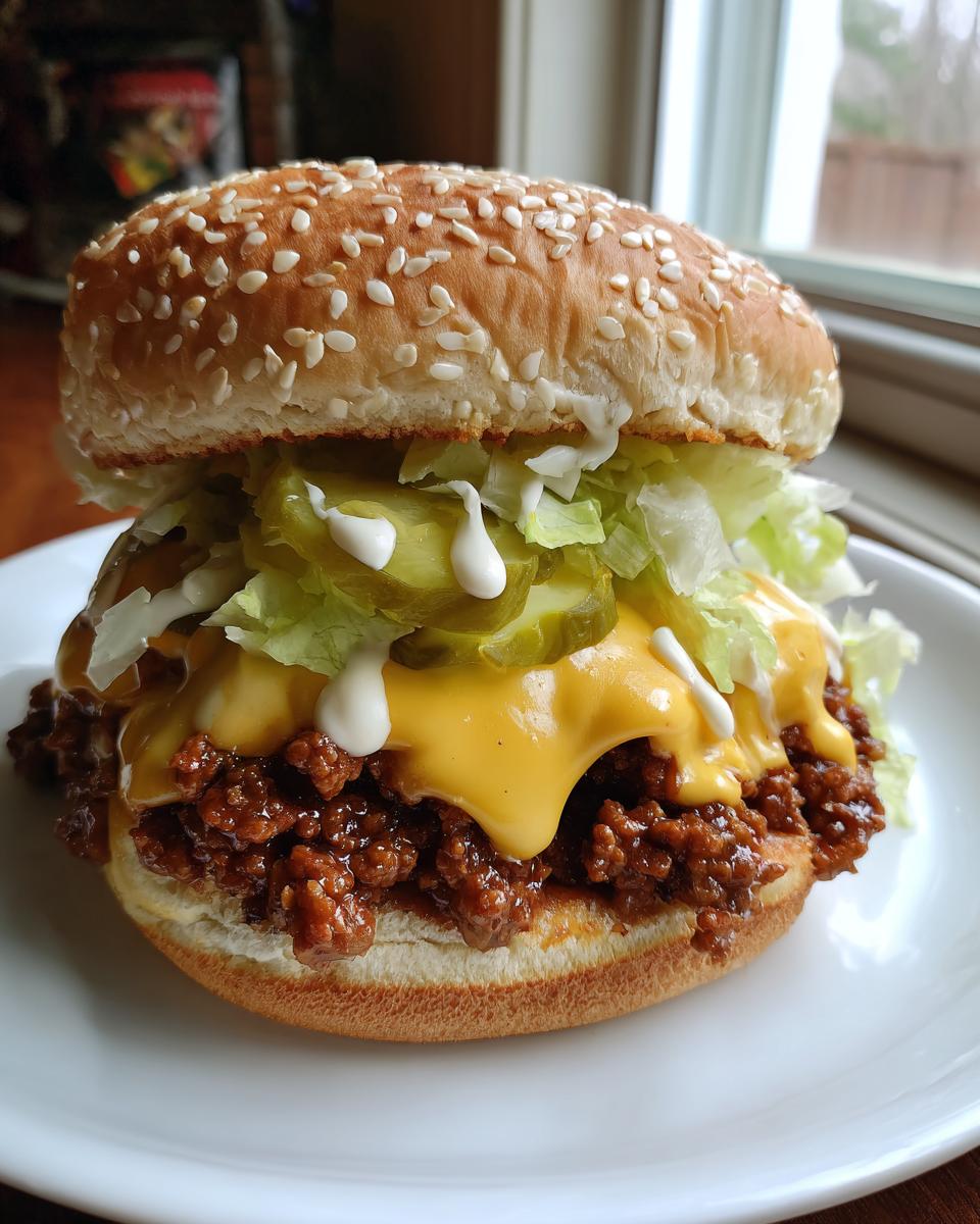 A juicy big mac sloppy joes sandwich piled high with meat, melted cheese, lettuce, pickles, and sauce on a sesame seed bun.