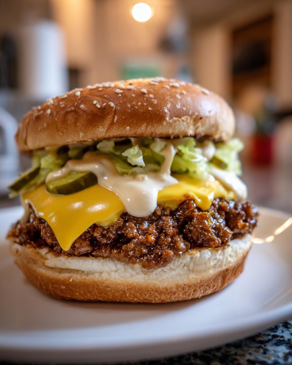 Close-up of a fully assembled big mac sloppy joes featuring ground meat, melted cheese, lettuce, pickles, and special sauce on a sesame seed bun.
