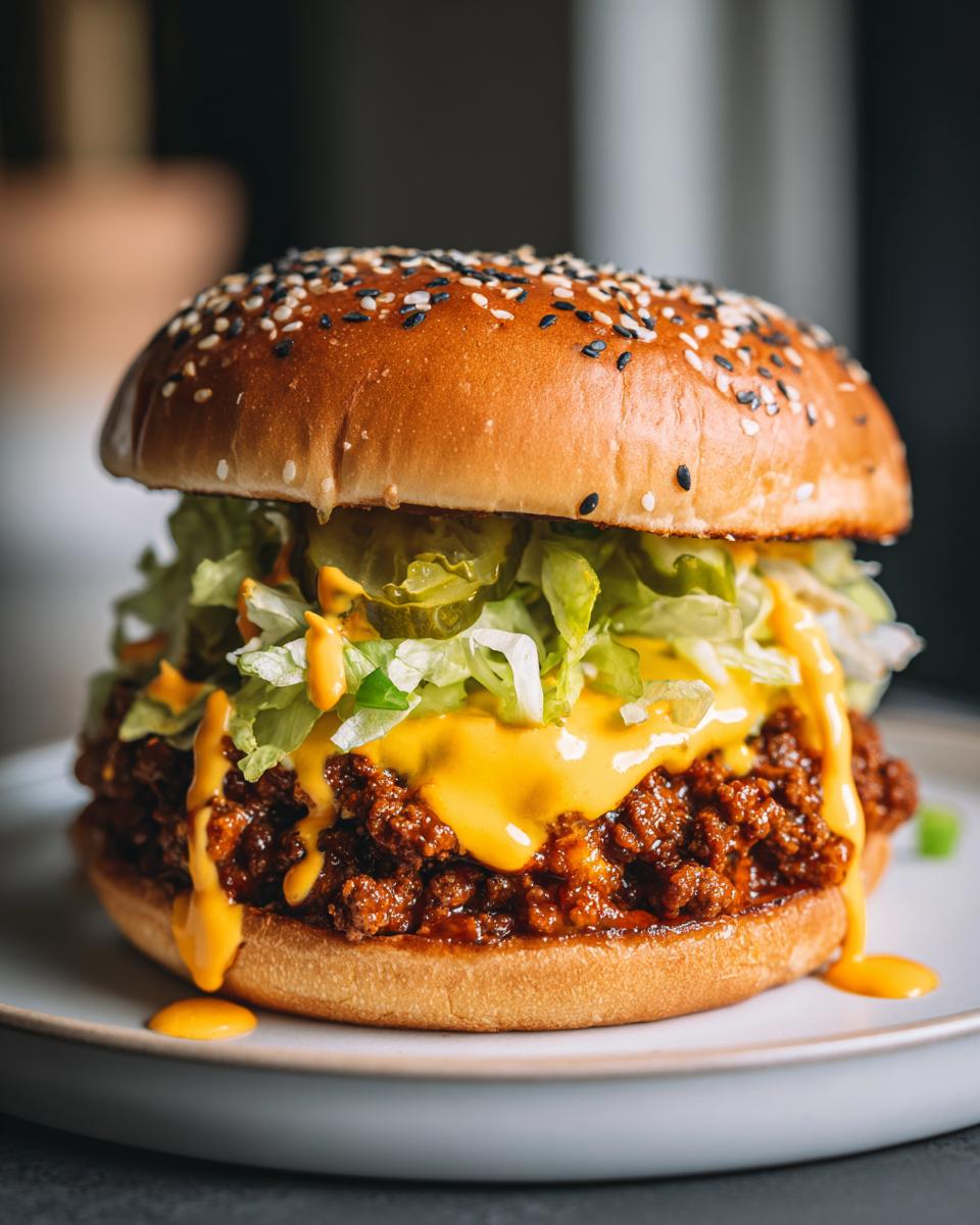 A close-up of delicious big mac sloppy joes piled high with meat, cheese sauce, lettuce, and pickles on a sesame seed bun.