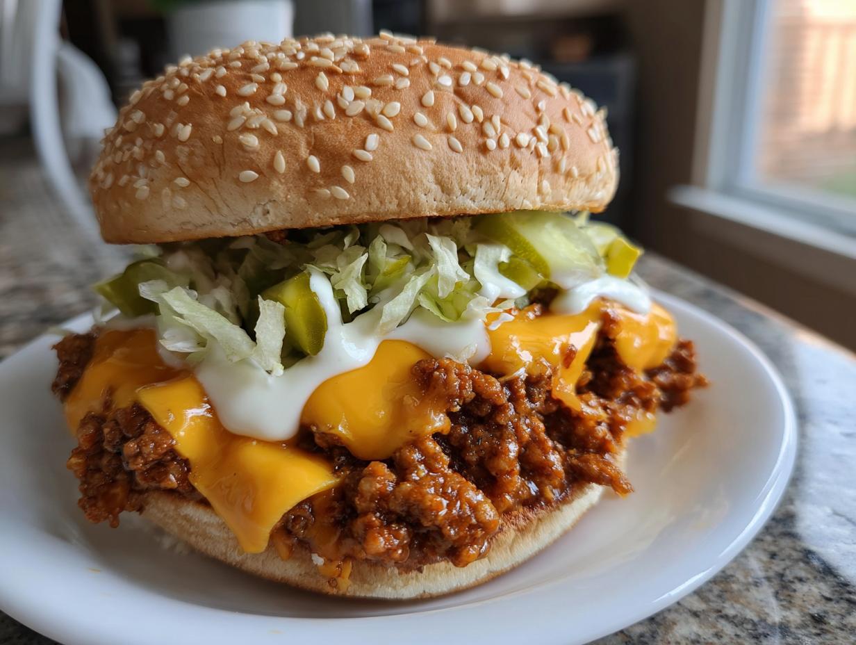 Close-up of a fully loaded big mac sloppy joes sandwich with melted cheese, lettuce, and sauce on a sesame seed bun.
