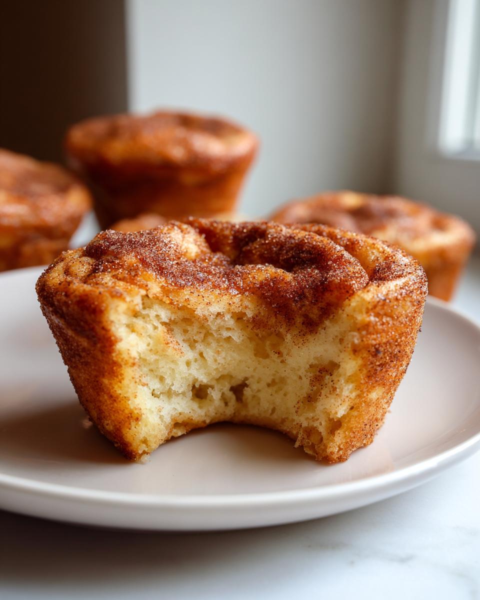 Close-up of a french toast muffin with a bite taken out, showing the fluffy interior and cinnamon sugar crust.
