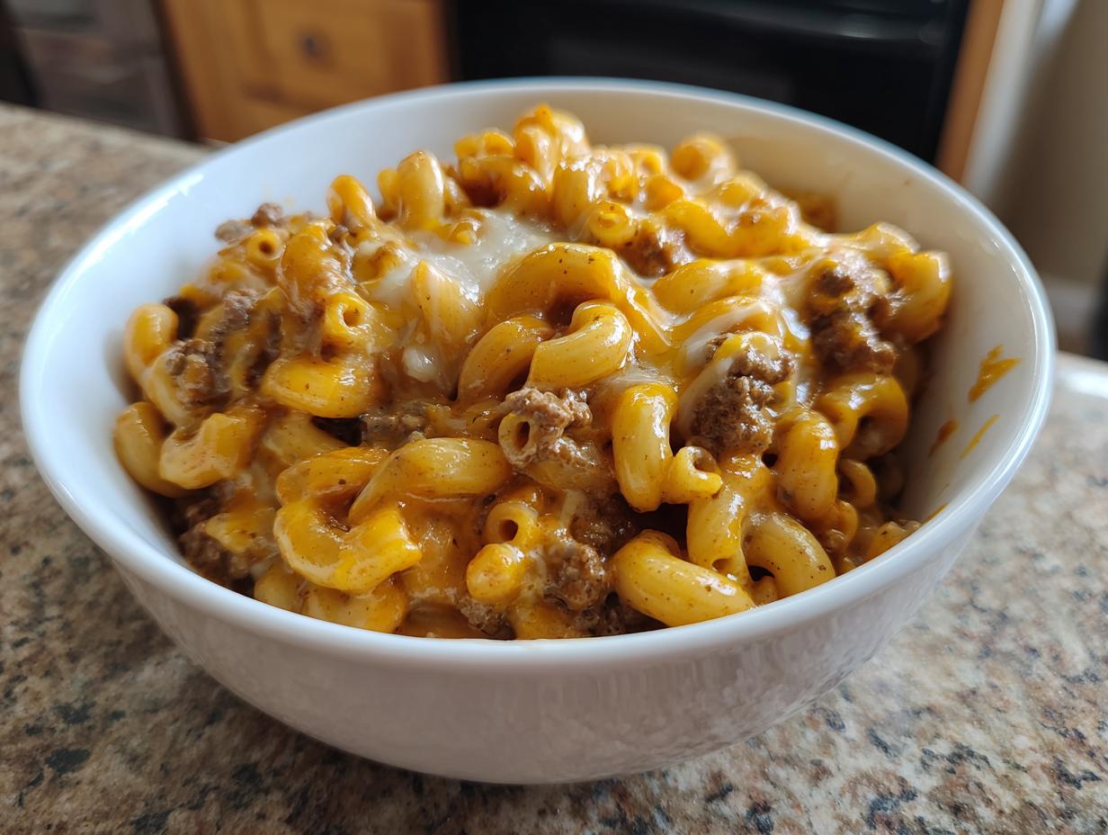 A white bowl filled with creamy, cheesy homemade hamburger helper mixed with ground beef and elbow macaroni.