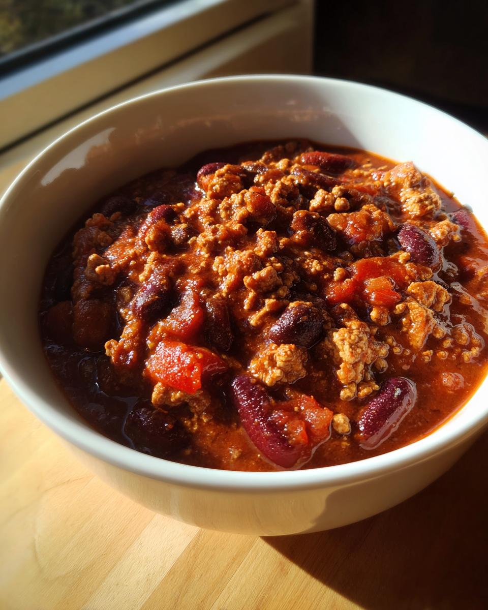 A close-up of a white bowl filled with rich, thick high protein chili featuring ground meat and kidney beans.