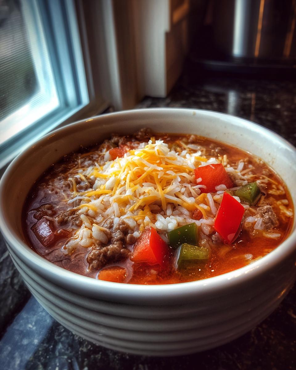 Close-up of a bowl of stuffed pepper soup topped with shredded cheese, rice, ground beef, and diced peppers.