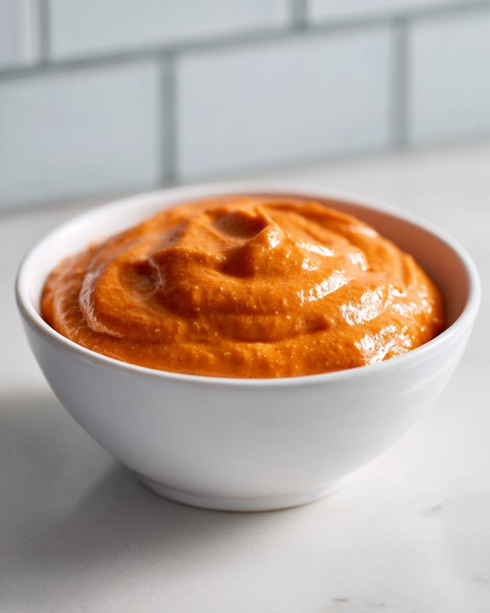 A close-up of thick, vibrant orange nacho cheese sauce swirled in a white bowl.