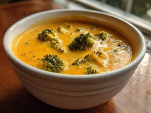 Close-up of a white bowl filled with creamy, bright orange broccoli cheddar soup, featuring visible florets.