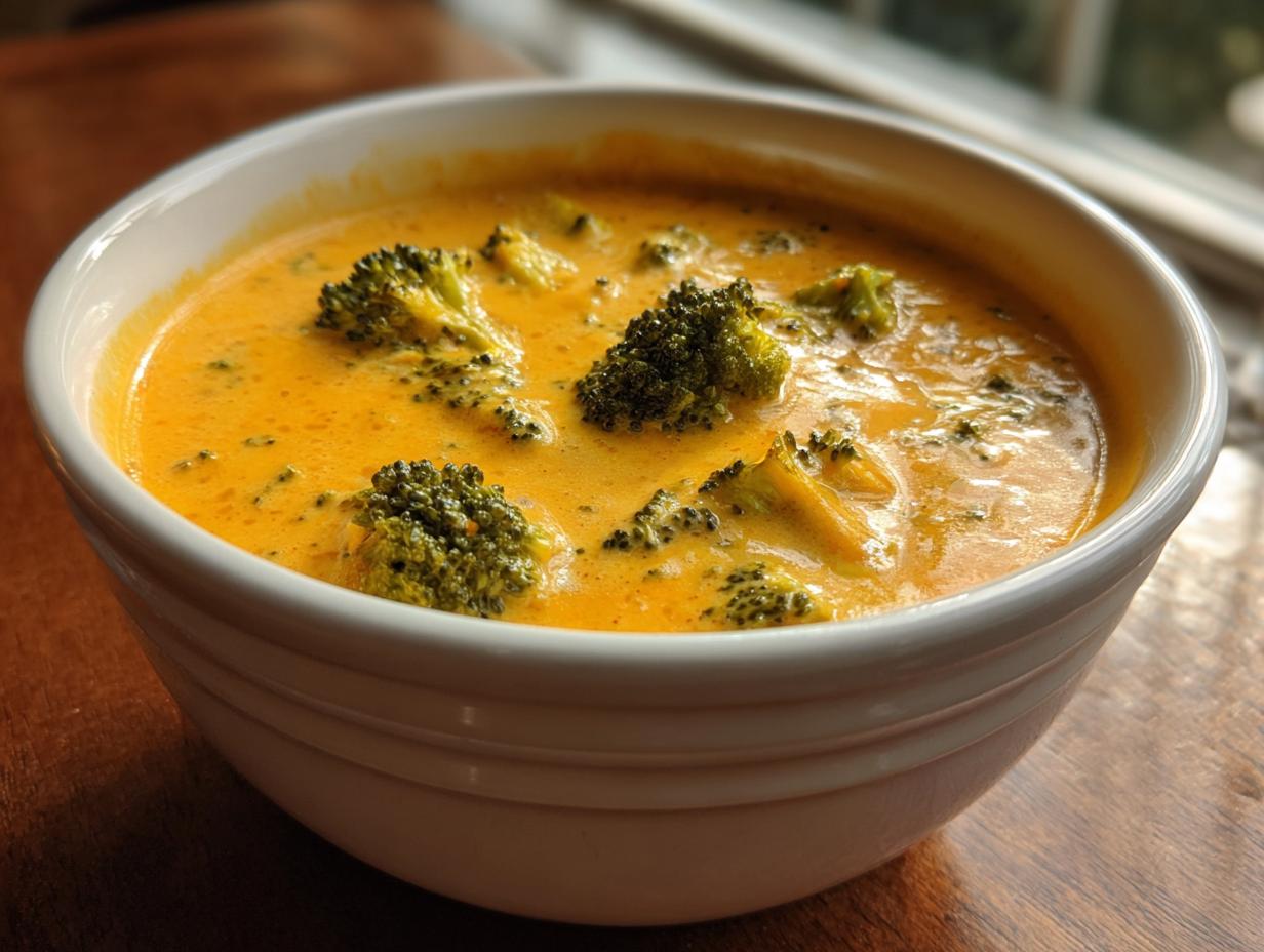 Close-up of a white bowl filled with creamy, bright orange broccoli cheddar soup, featuring visible florets.