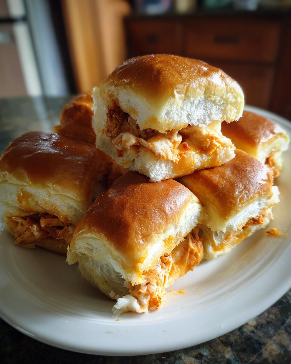 A close-up of several gooey buffalo chicken sliders stacked on a white plate.
