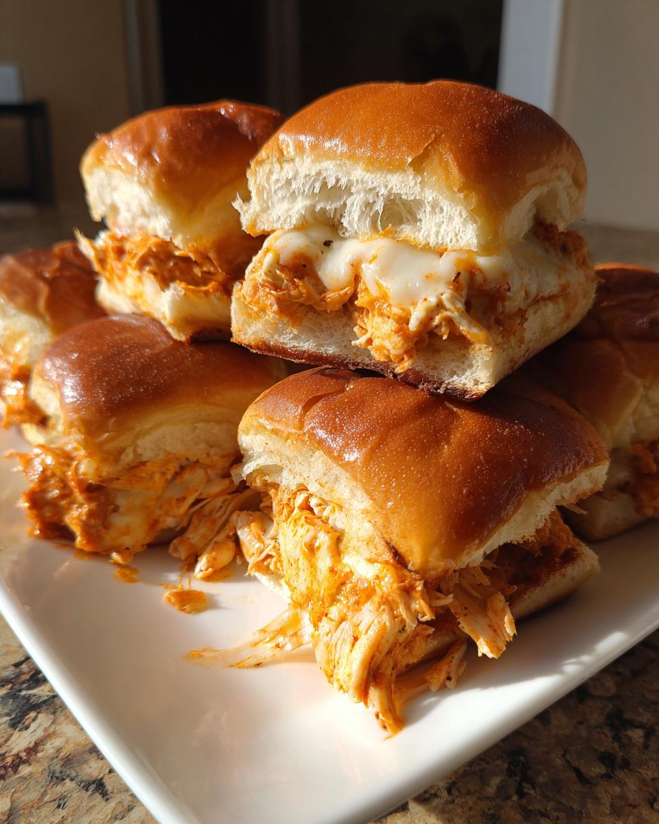 A stack of freshly baked buffalo chicken sliders featuring shredded chicken filling and melted white cheese on soft buns.