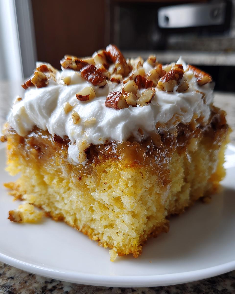 Close-up of a moist slice of butter pecan praline poke cake topped with whipped cream and chopped pecans.